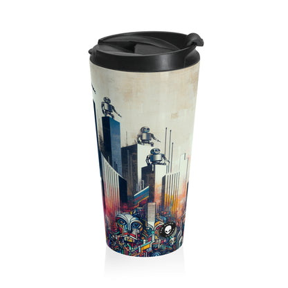 "Robotic Cityscape: A Futuristic Mural" - The Alien Stainless Steel Travel Mug Street Art / Graffiti