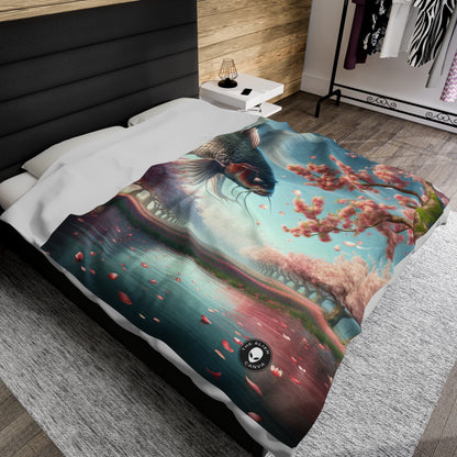 "Koi Fish in Cherry Blossoms: Beauty of Nature" - The Alien Velveteen Plush Blanket