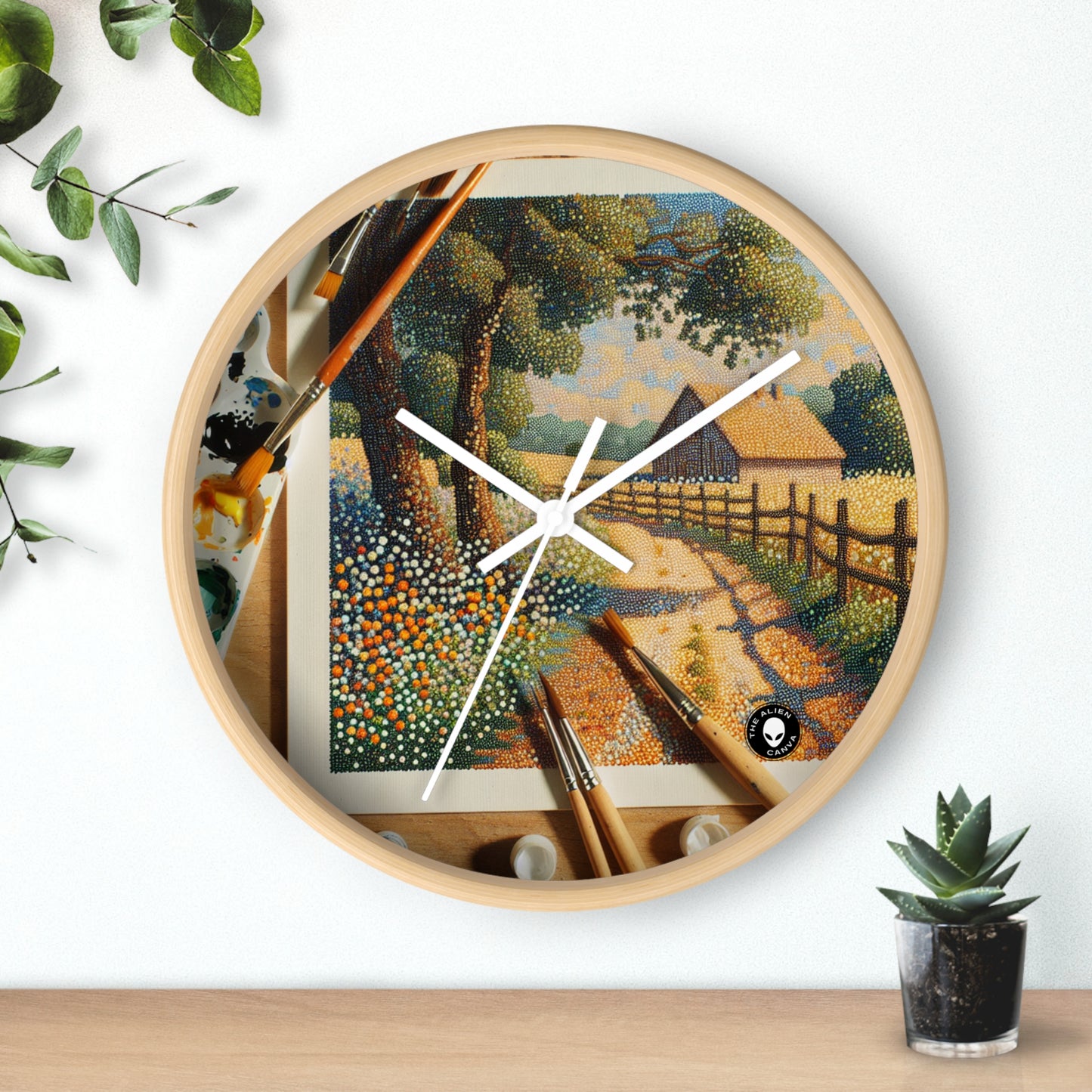 "Autumn Bliss: Pointillism Forest" - The Alien Wall Clock Pointillism