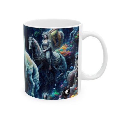 Taza de cerámica de 11 oz "Reino submarino encantado: sirenas y caballitos de mar" de The Alien