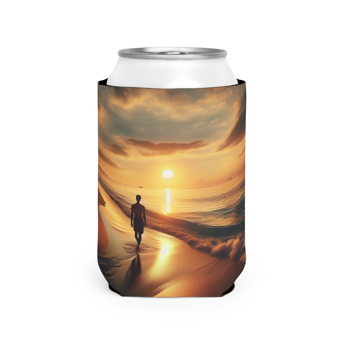 "Un paseo por la playa al atardecer" - Estilo fotorrealista de la funda Alien Can Cooler