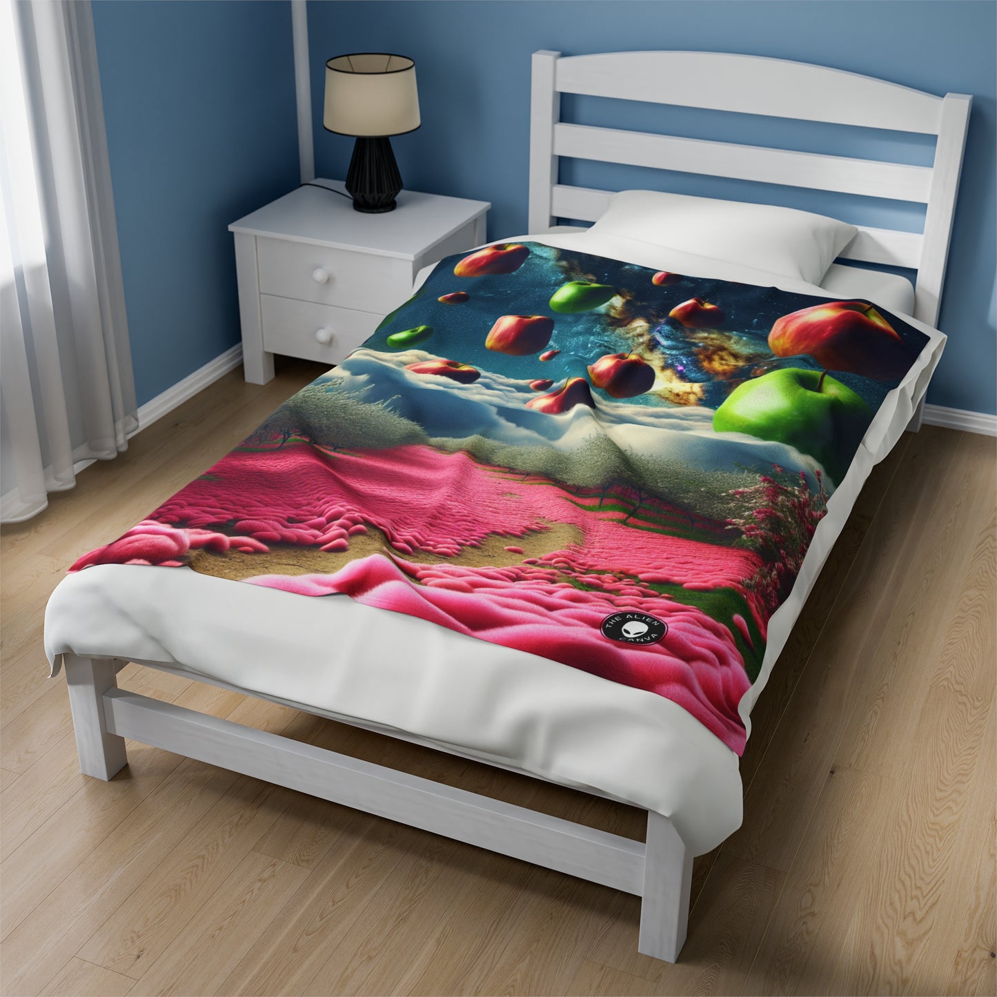 "Apple Sky and Pink Flower Carpet: A Surreal Landscape" - The Alien Velveteen Plush Blanket