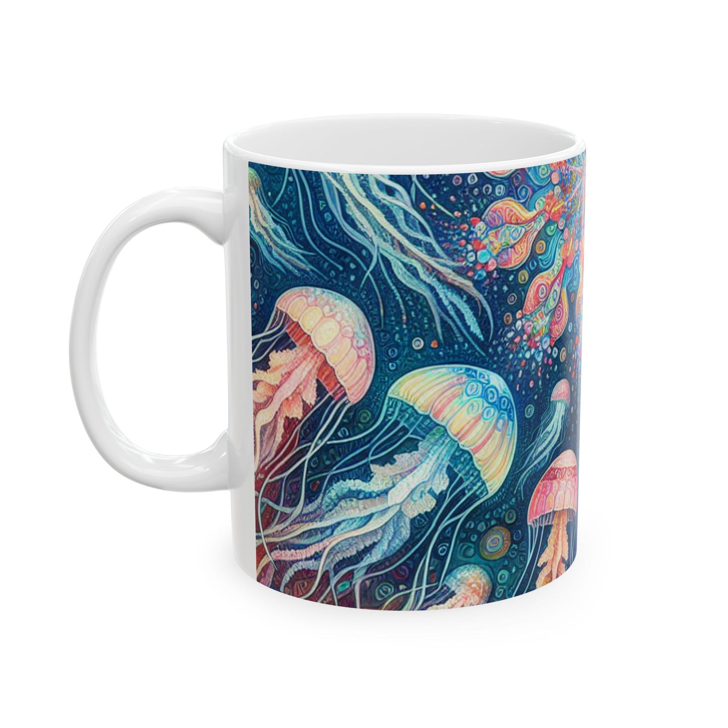 "Danza luminosa de las profundidades" - Taza de cerámica alienígena de 11 oz