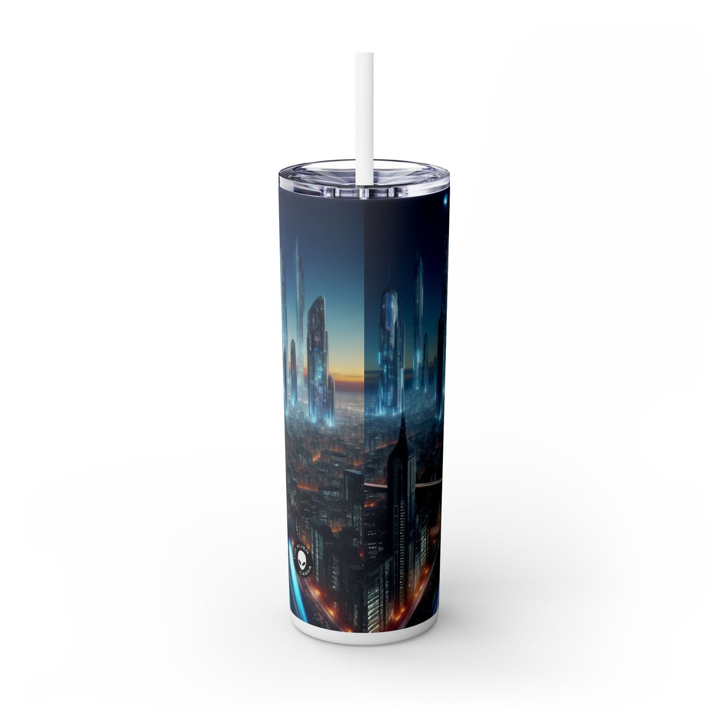 "Neon Skyline: Future Cityscapes" - Vaso delgado con pajita de 20 oz de Alien Maars®