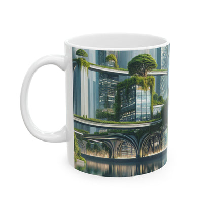 "La fusión de la naturaleza: un paisaje urbano futurista" - Taza de cerámica The Alien de 11 oz