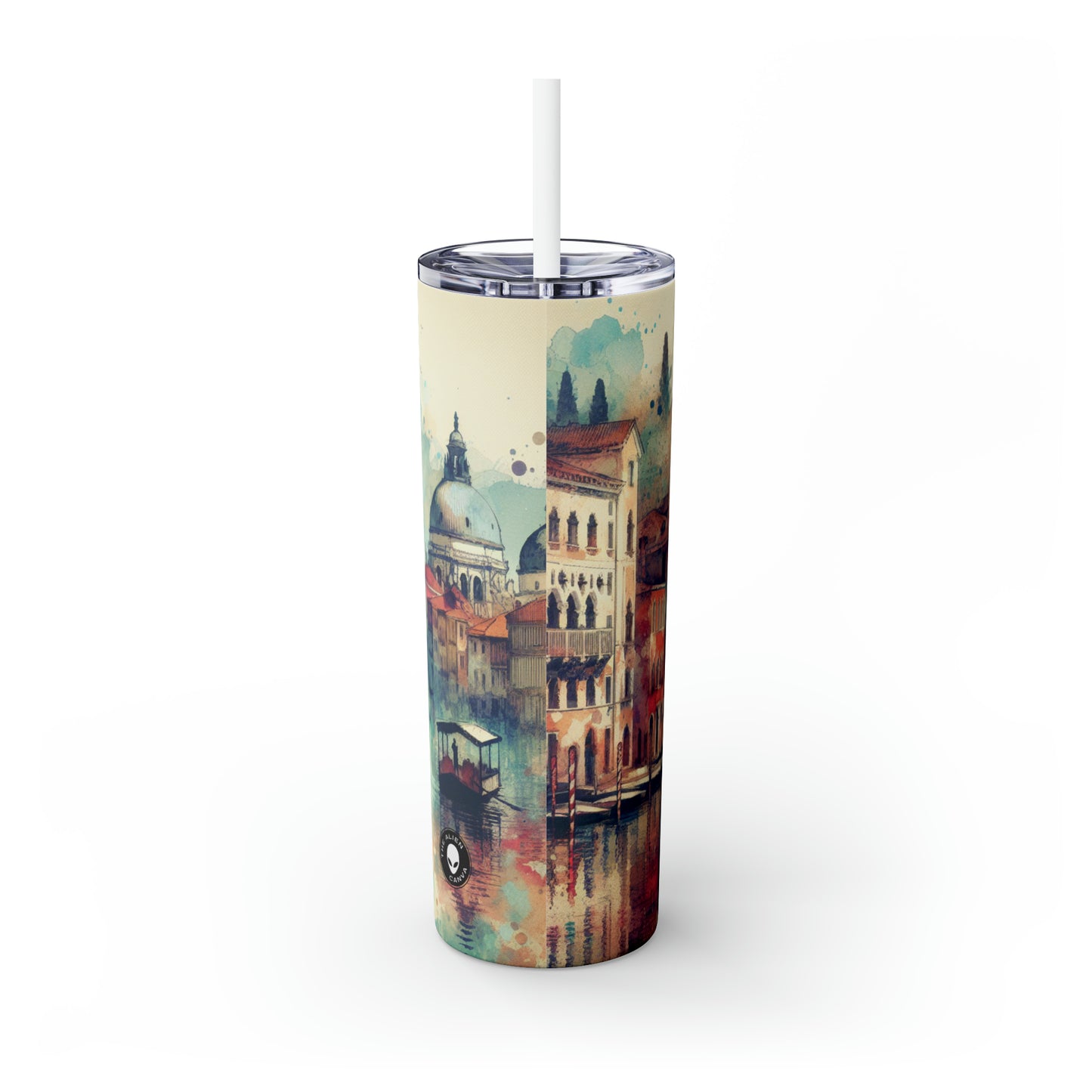 Tranquil Coast: A Serene Watercolor Sunset Painting - The Alien Maars® Skinny Tumbler with Straw 20oz Watercolor Painting