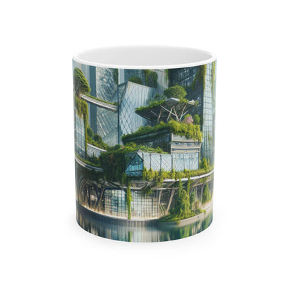 "La fusión de la naturaleza: un paisaje urbano futurista" - Taza de cerámica The Alien de 11 oz