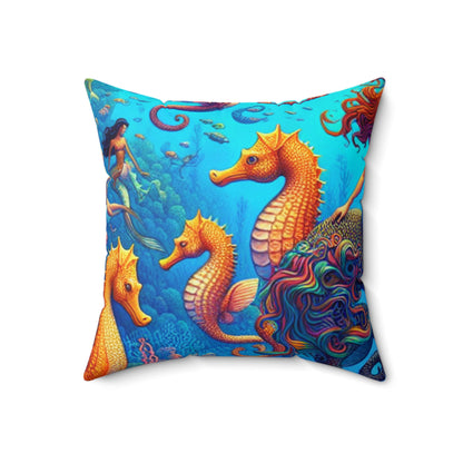 "Seahorse Serenade: Un mágico viaje submarino" - Almohada cuadrada de poliéster hilado extraterrestre