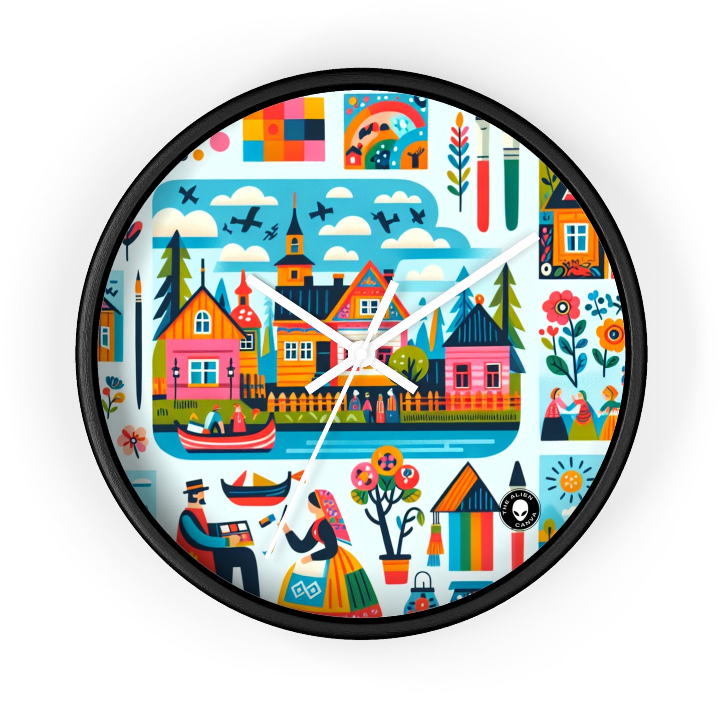 "Whimsical Village: A Folk Art Fairytale" - El reloj de pared alienígena Arte popular