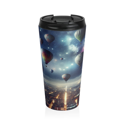 "Viaje nocturno estrellado: globos aerostáticos sobre la ciudad" - Taza de viaje de acero inoxidable de The Alien