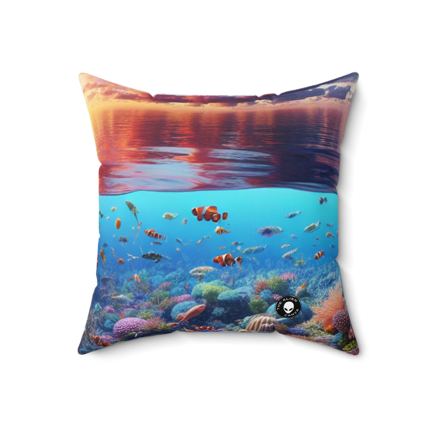 "Sunset Splendor: Underwater Coral Reef" - La almohada cuadrada de poliéster hilado alienígena