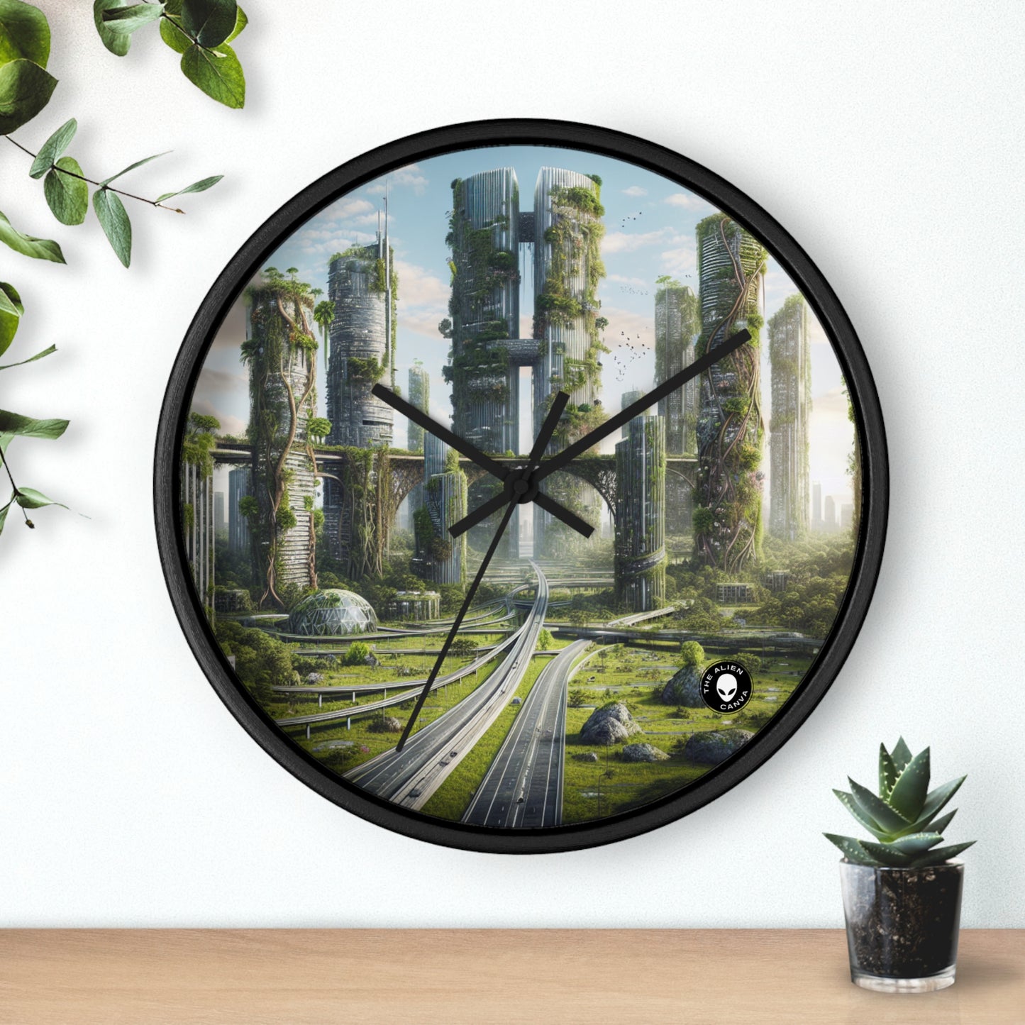 "La recuperación de la naturaleza: un paisaje urbano futurista" - El reloj de pared alienígena