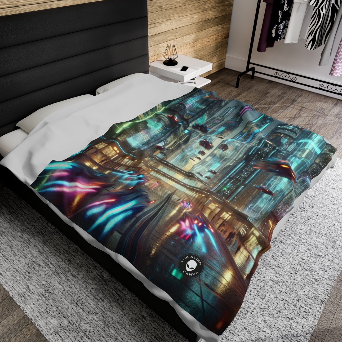 Neon Rain: A Futuristic Cityscape - The Alien Velveteen Plush Blanket