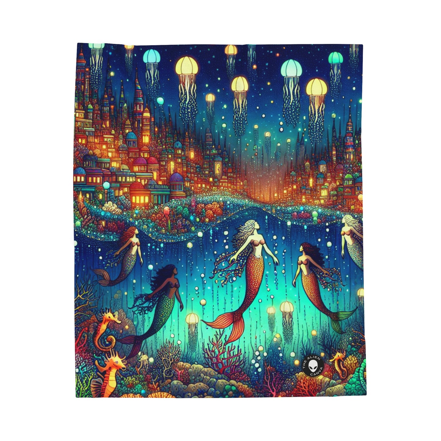 "Glowing Jellyfish City: A Whimsical Underwater World" - The Alien Velveteen Plush Blanket