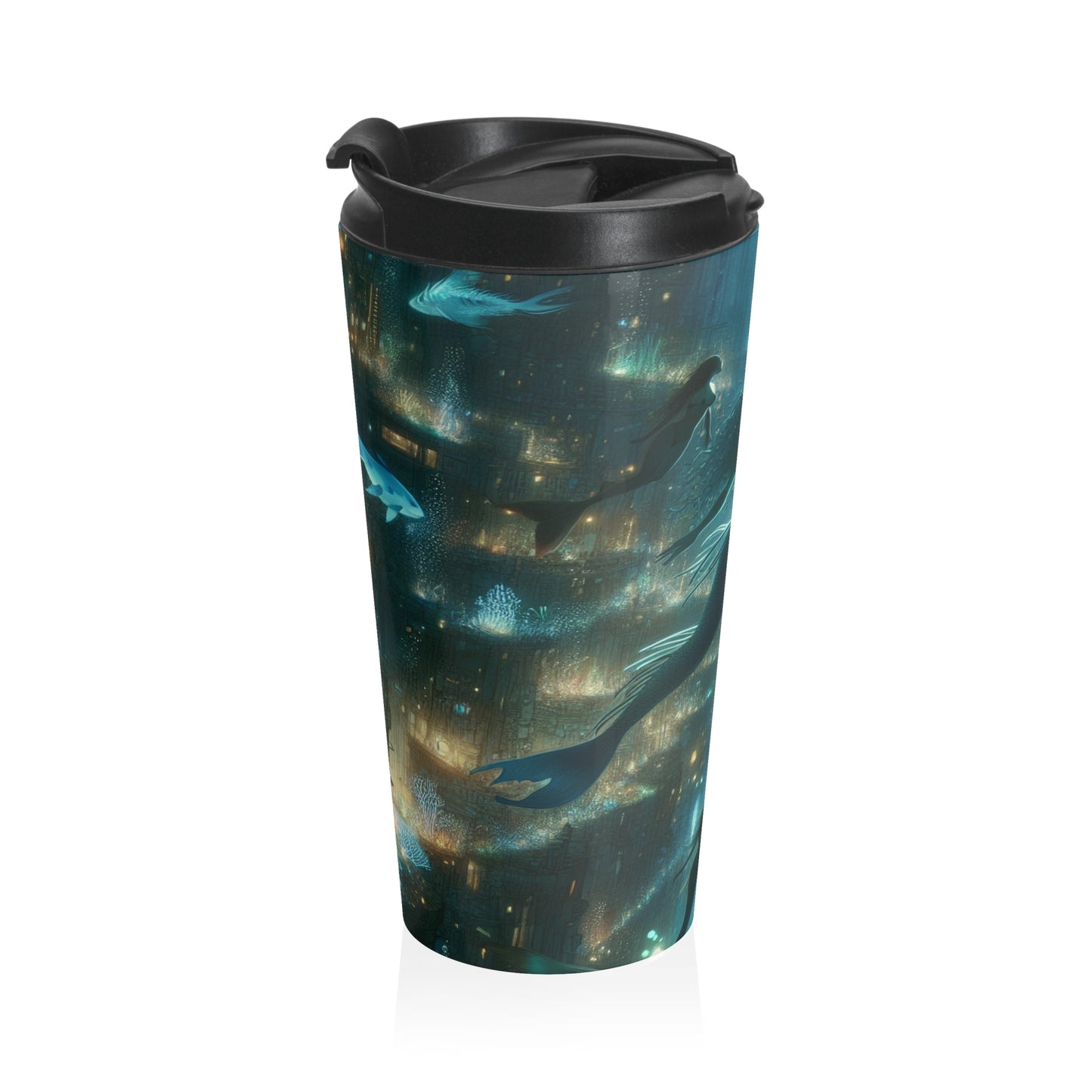 "Enchantment Below: A Bioluminescent Underwater Metropolis" - The Alien Stainless Steel Travel Mug