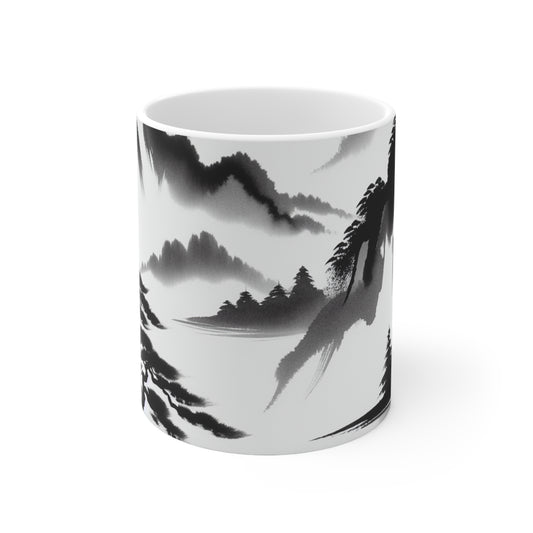 "Reflejo de la montaña: una serena pintura con tinta zen" - La taza de cerámica alienígena Pintura con tinta zen de 11 oz