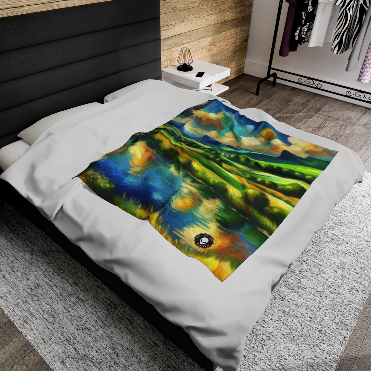 "Sérénité au coucher du soleil : une prairie impressionniste" - La couverture en peluche Alien Velveteen Impressionnisme