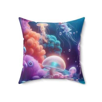 Enchanting Underwater Realm: Glowing Jellyfish and Curious Octopus- The Alien Spun Polyester Square Pillow