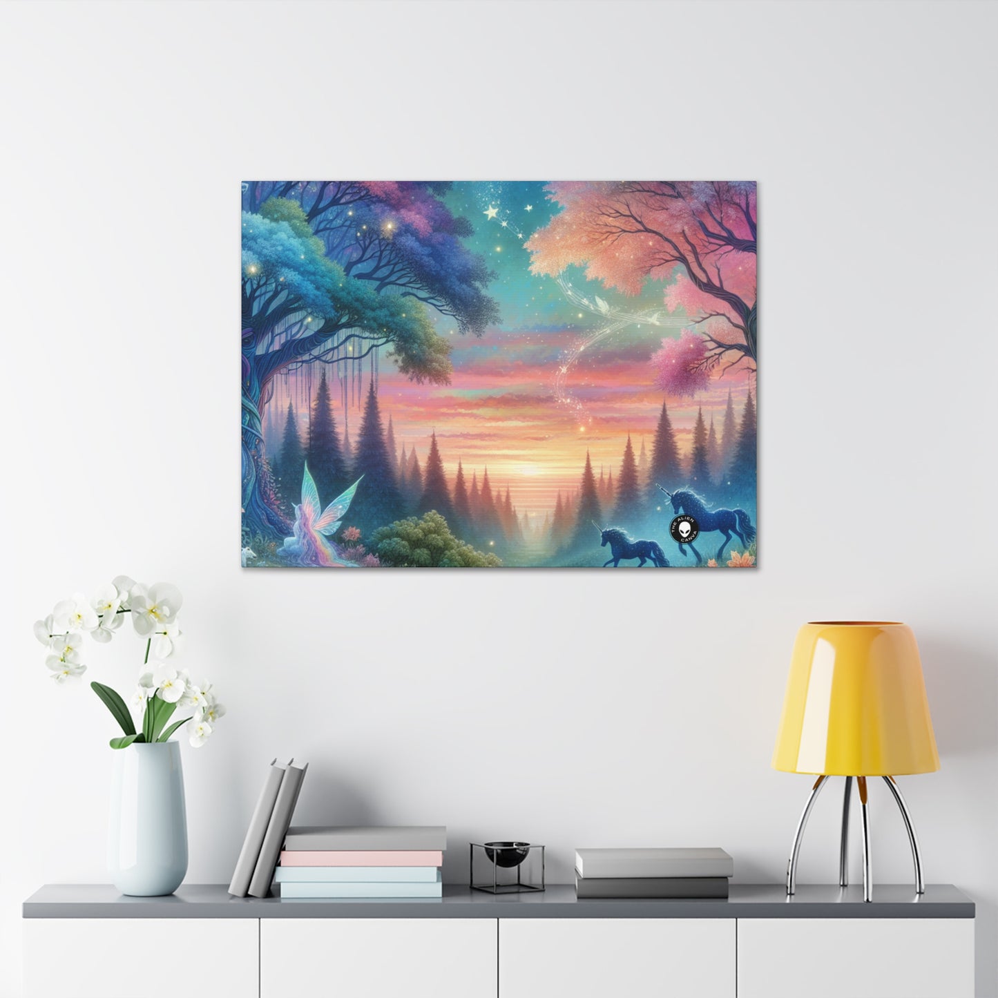 "Atardecer encantado: una pintura de un bosque mágico" - The Alien Canva