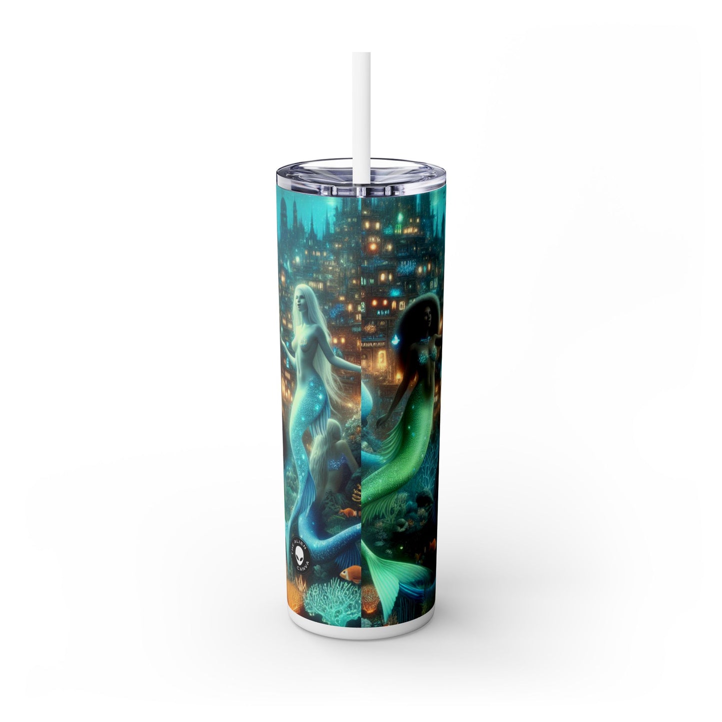 "Profundidades relucientes: la ciudad submarina encantada" - Vaso delgado con pajita de 20 oz de Alien Maars®