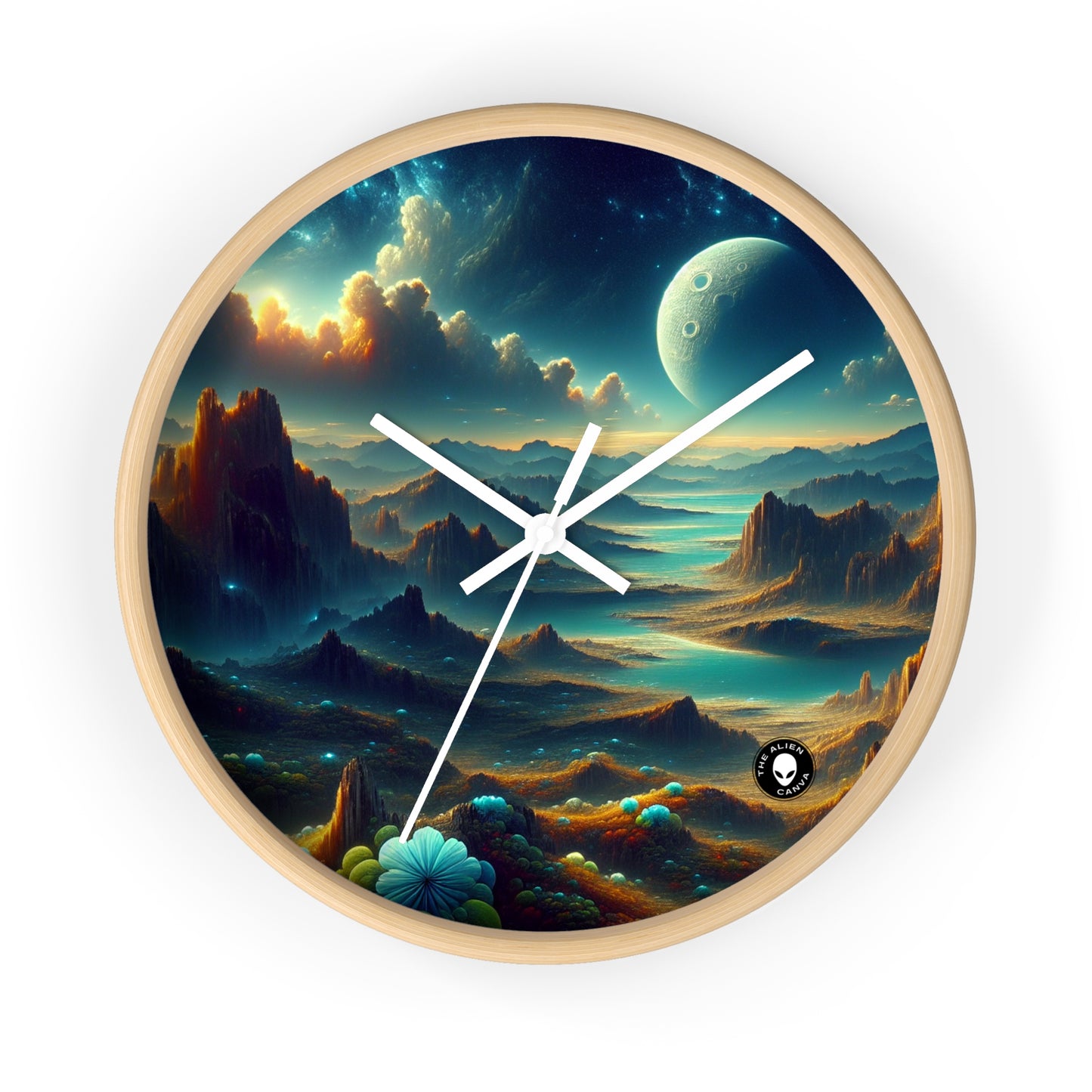 "Un Sueño Extraño: Un Mundo Desconocido en Detalle" - The Alien Wall Clock planetas no descubiertos en estilo hyperrealista