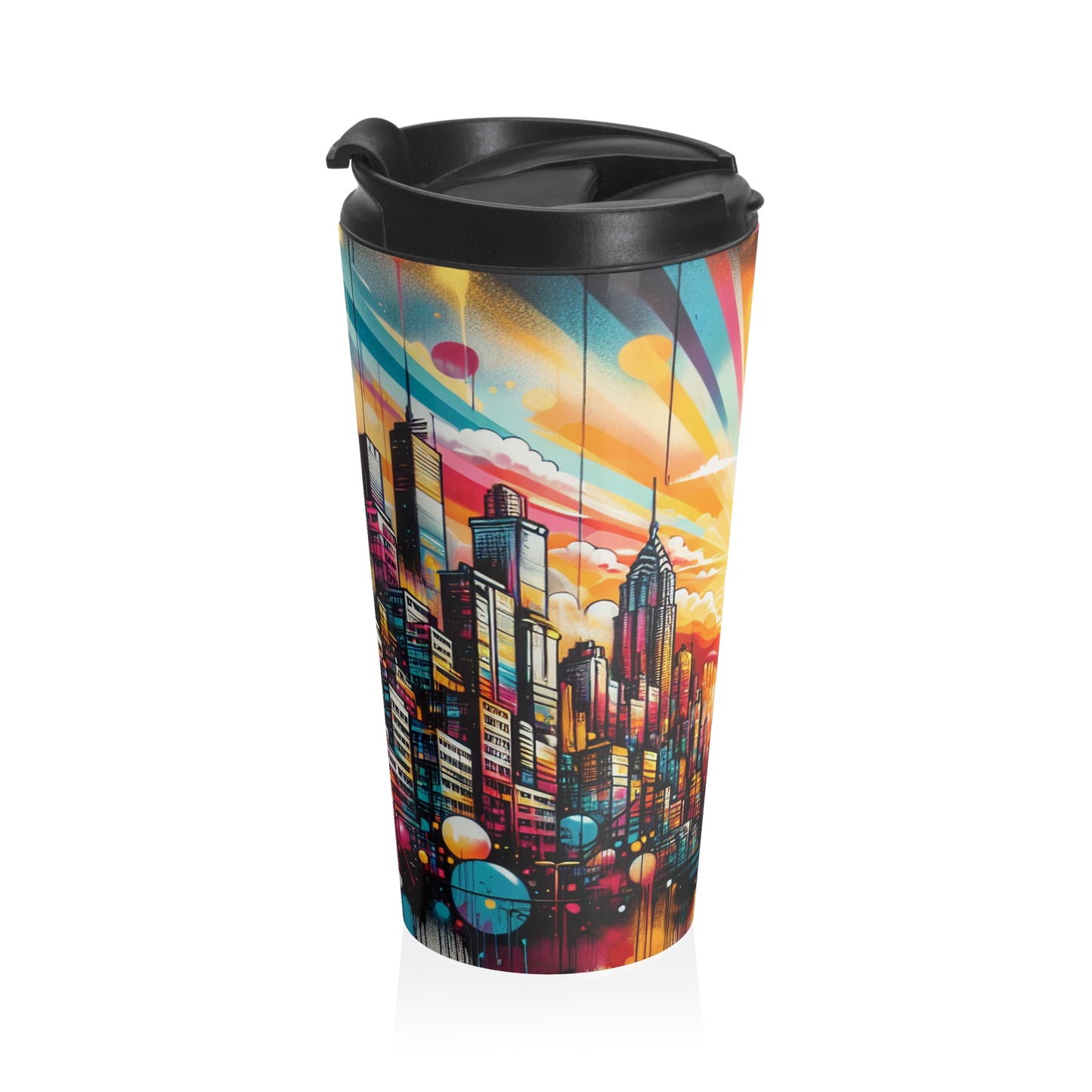 "Cityscape Sunrise" - The Alien Stainless Steel Travel Mug Street Art / Graffiti Style