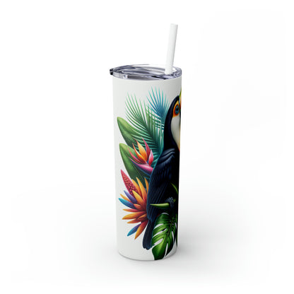 "Toucan on a Tropical Bloom" - The Alien Maars® Skinny Tumbler with Straw 20oz Hyperrealism Style