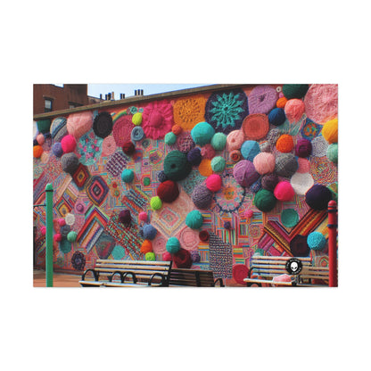 "Yarn of Joy: Une fresque extérieure colorée" - Le bombardement de fils Alien Canva (Fiber Art)