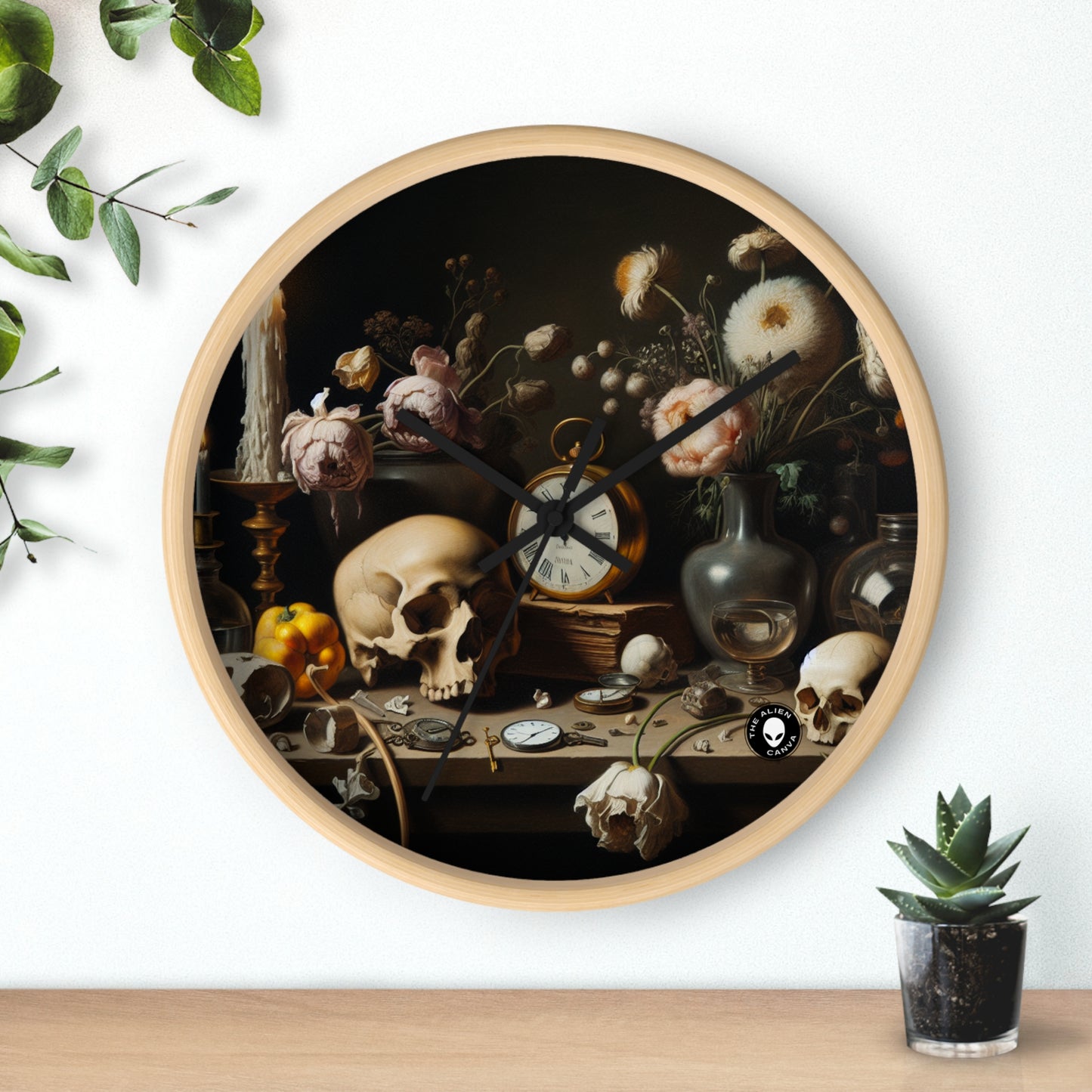 "Decadencia digital: una Vanitas contemporánea que examina el consumismo en el siglo XXI" - The Alien Wall Clock Vanitas Painting