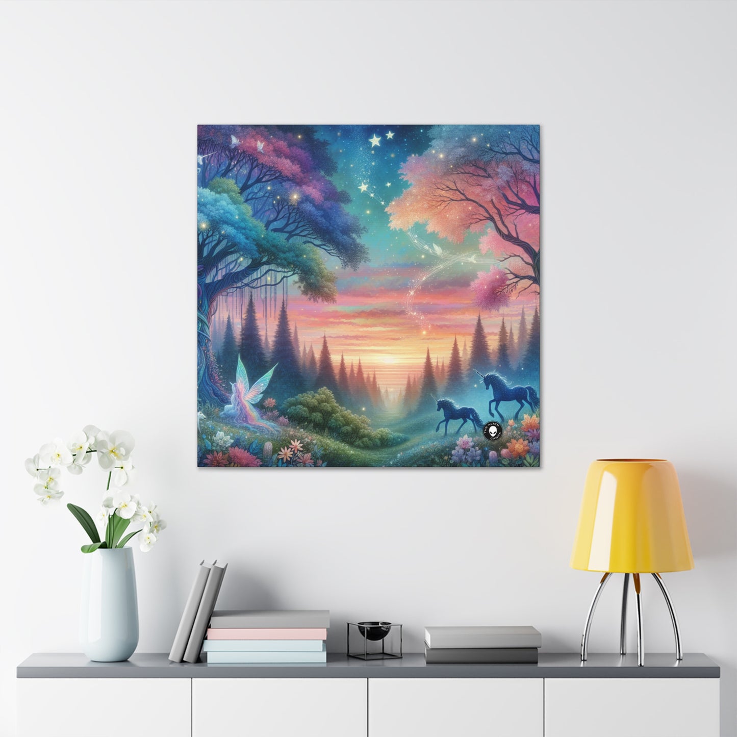 "Atardecer encantado: una pintura de un bosque mágico" - The Alien Canva