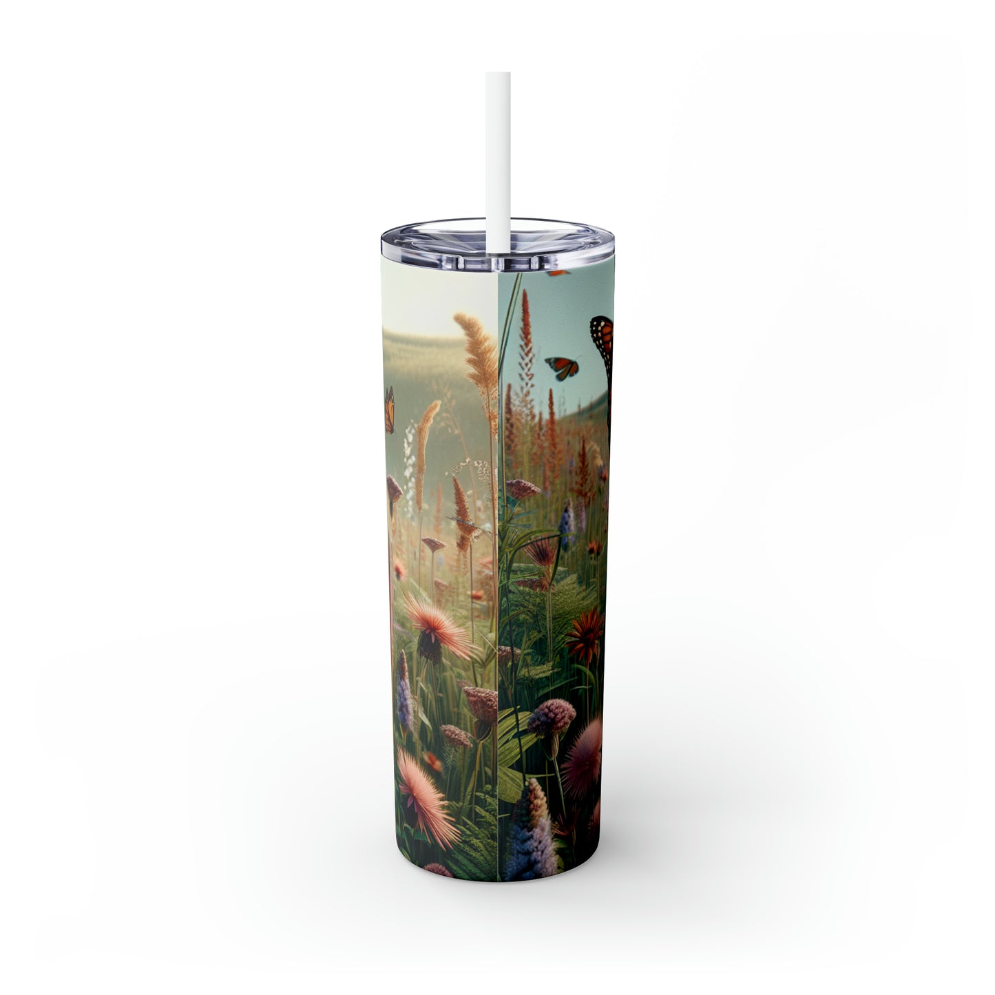 "A Monarch in Wildflower Meadow" - The Alien Maars® Skinny Tumbler with Straw 20oz Realism Style