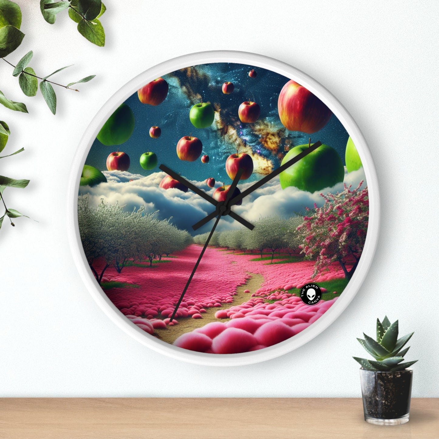 « Ciel de pomme et tapis de fleurs roses : un paysage surréaliste » - L'horloge murale Alien