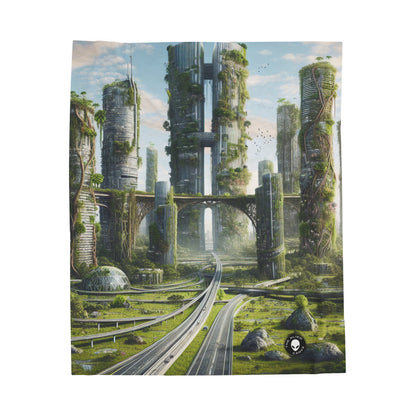 "Nature's Reclamation: A Futuristic Cityscape" - The Alien Velveteen Plush Blanket