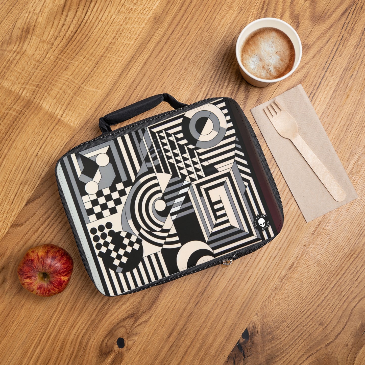 "Mesmerize: Geometría audaz del Op Art en blanco y negro" - The Alien Lunch Bag Op Art