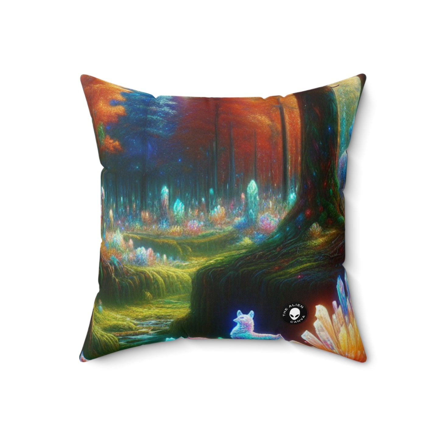 "Crystal Grove: un bosque de cuentos de hadas": almohada cuadrada de poliéster hilado de Alien