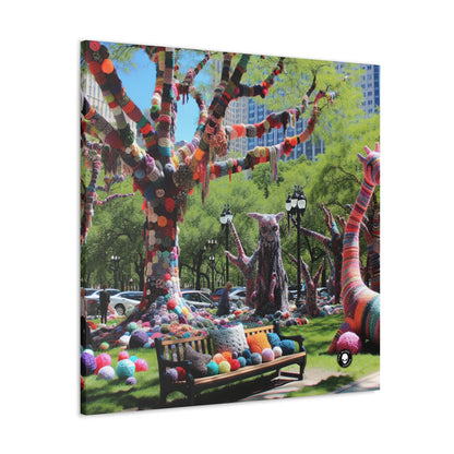 Title: "Yarnscaped City: A Whimsical Fiber Art Fusion" - The Alien Canva Yarn Bombing (Fiber Art)