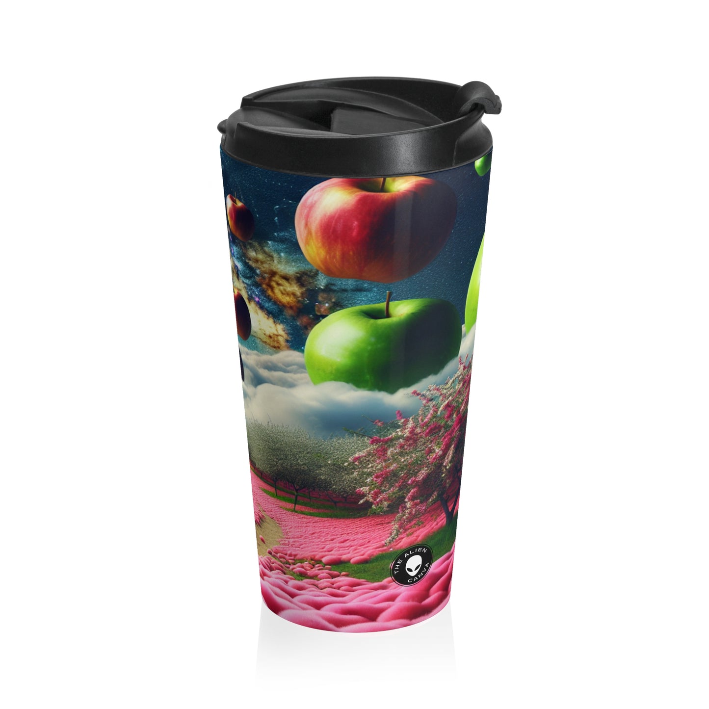 "Cielo de manzana y alfombra de flores rosas: un paisaje surrealista" - Taza de viaje de acero inoxidable The Alien