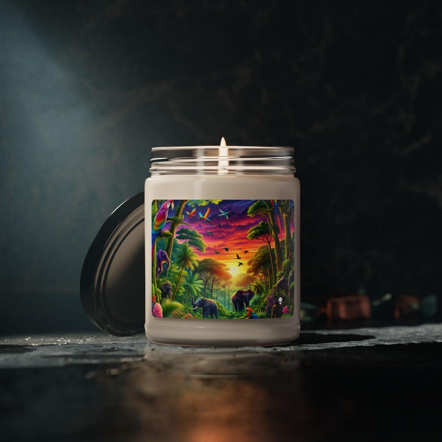 « Coucher de soleil dans la nature : une aventure dans la jungle arc-en-ciel » – Bougie parfumée au soja Alien 9oz