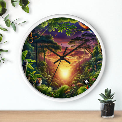 "Atardecer en la jungla: un encuentro salvaje" - El reloj de pared alienígena