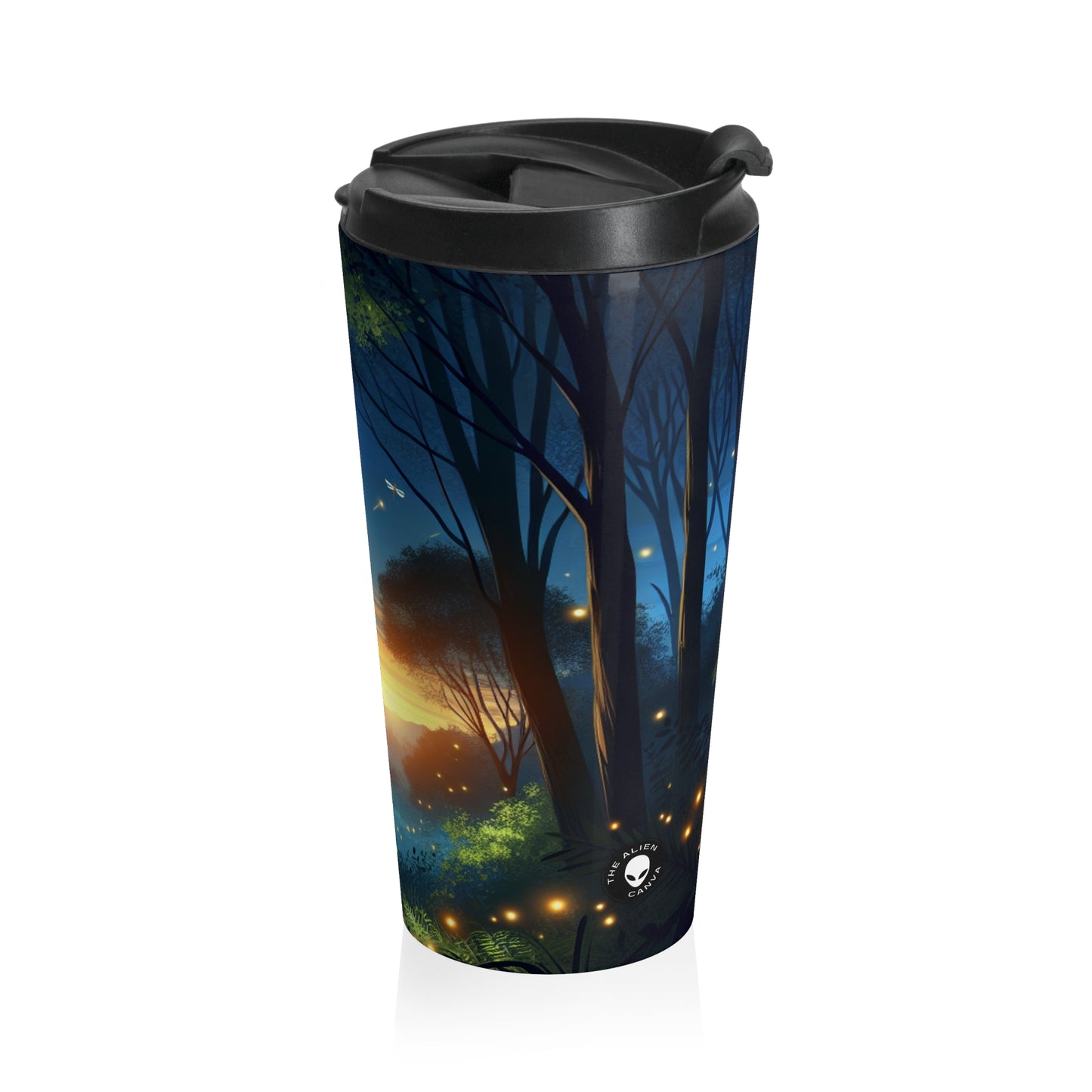 "Atardecer encantado: Luciérnagas en el bosque" - Taza de viaje de acero inoxidable de The Alien