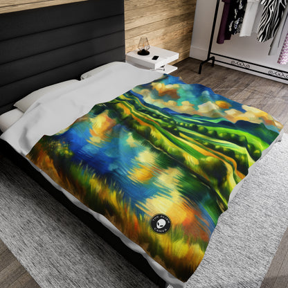 "Serenity at Sunset: An Impressionistic Meadow" - The Alien Velveteen Plush Blanket Impressionism