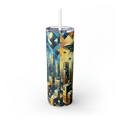 "Cubism in a Futuristic, Alien-Invaded City". - The Alien Maars® Skinny Tumbler with Straw 20oz A futristic city invaded by aliens in cubism art style