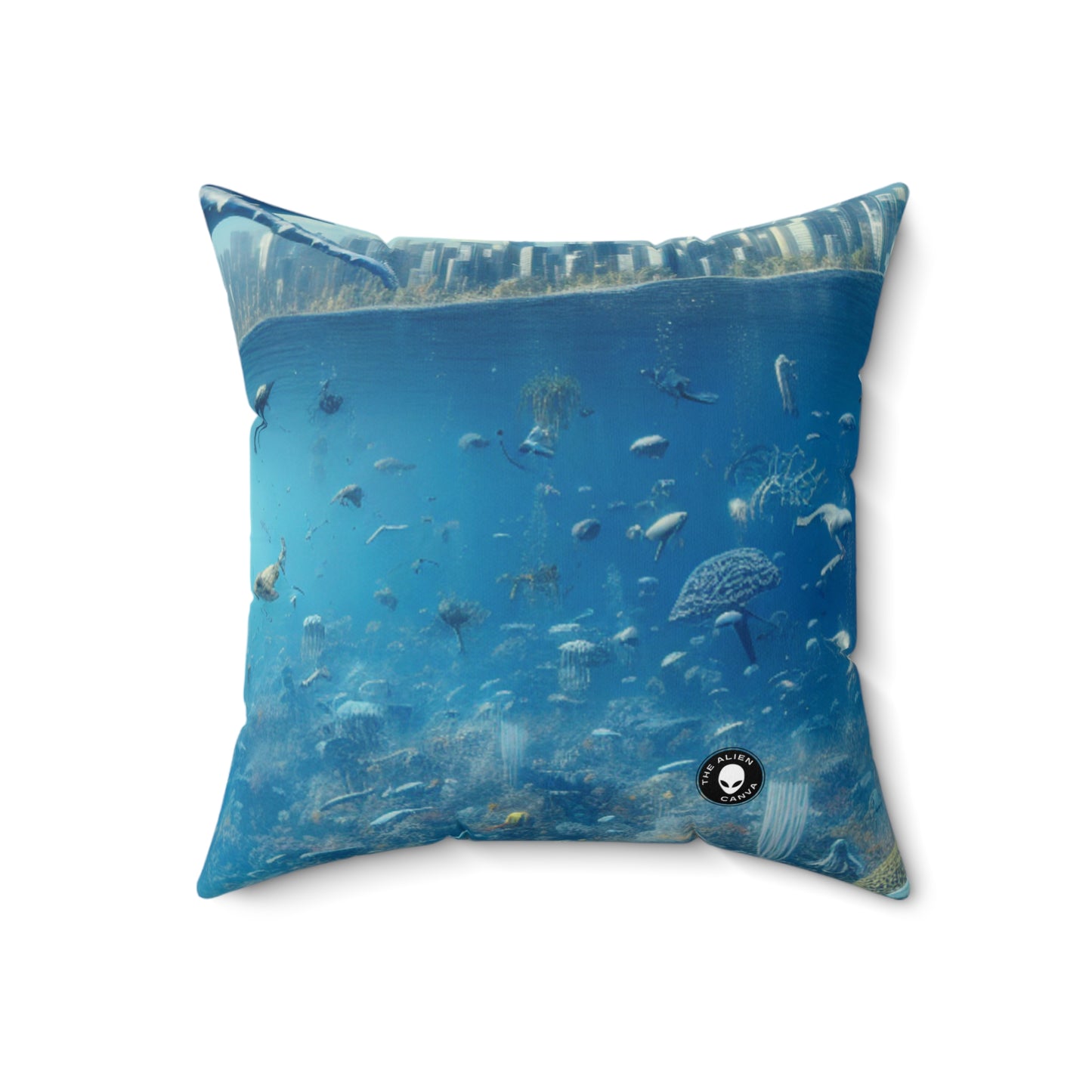 "Whale City: A Surreal Underwater Wonderland"- The Alien Spun Polyester Square Pillow