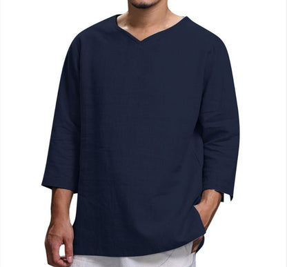 Camiseta holgada informal con cuello en V, jersey de manga larga de algodón y lino, ropa para hombre