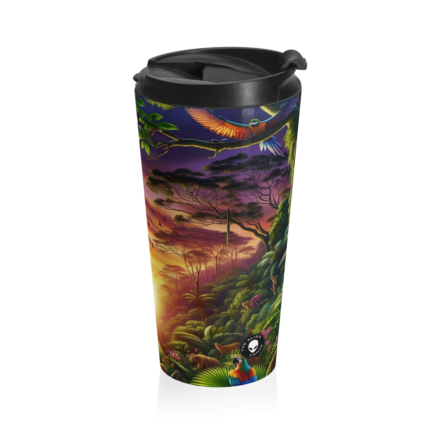 "Atardecer en la jungla: un encuentro salvaje" - Taza de viaje de acero inoxidable de Alien