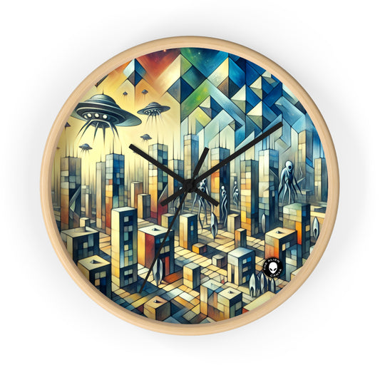 "Cubism in a Futuristic, Alien-Invaded City". - The Alien Wall Clock A futristic city invaded by aliens in cubism art style