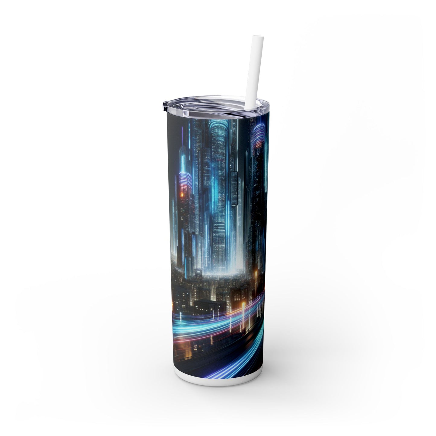 "Neon Nightscapes: A Futuristic City Adventure" - The Alien Maars® Skinny Tumbler with Straw 20oz