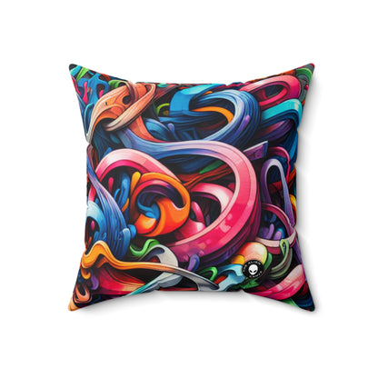 "Urban Vibe: A Graffiti Cityscape"- The Alien Spun Polyester Square Pillow Graffiti Art