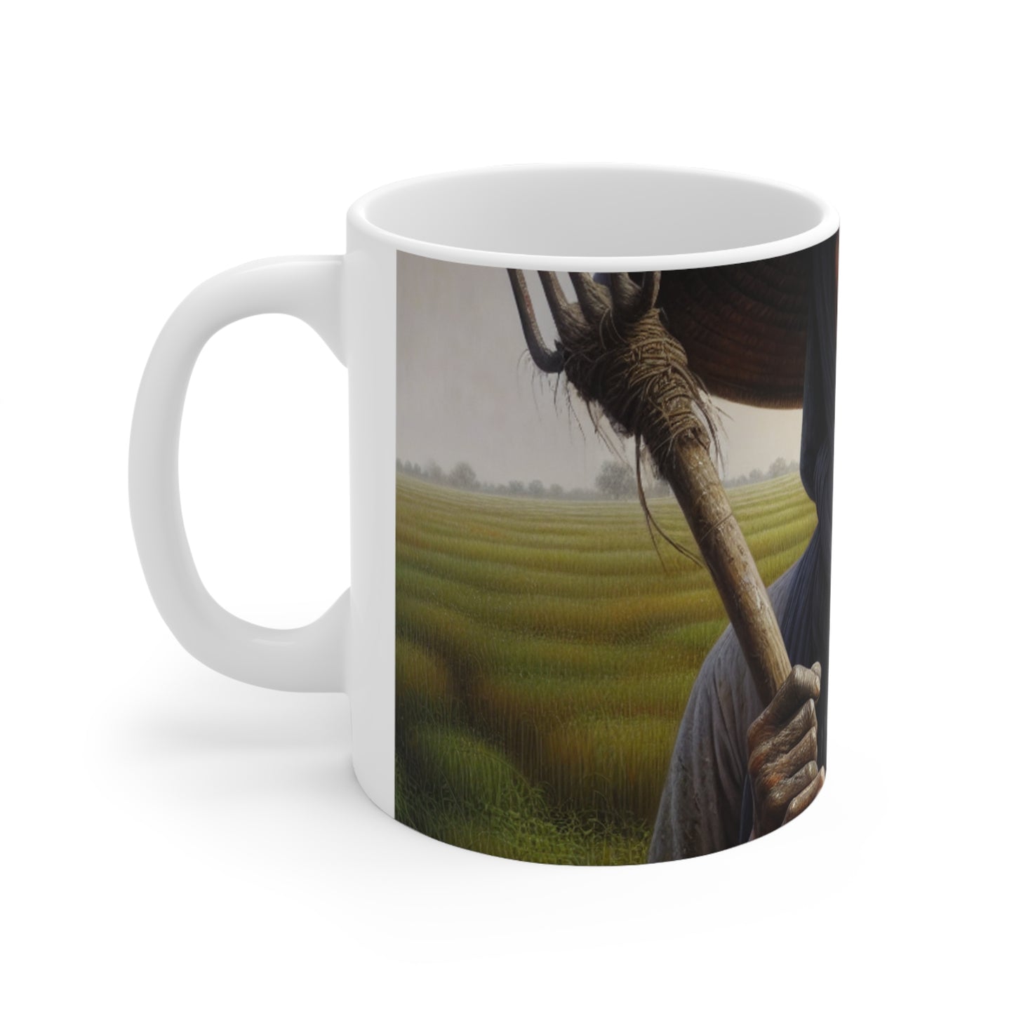 "Granjero en los campos: un reflejo desgastado" - La taza de cerámica alienígena Realismo de 11 oz