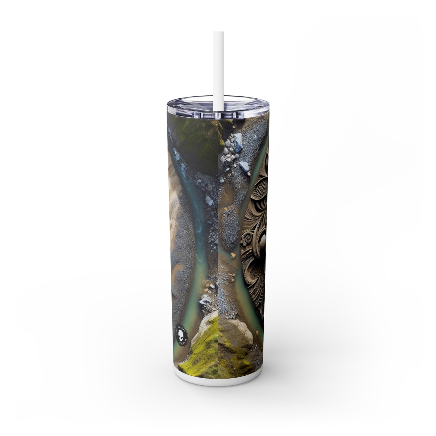 "Sandy Symphony: A Colorful Stone Mosaic on the Beach" - The Alien Maars® Skinny Tumbler with Straw 20oz Land Art